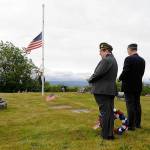 Sequim Gazette photo by Matthew Nash/ American Legion Post 62 members, from left, chaplain Nancy Zimmermann, commander Paul Renick and acting sergeant in arms Phil Capogna prepare to being a Memorial Day service in Dungeness Cemetery for about 30 people.