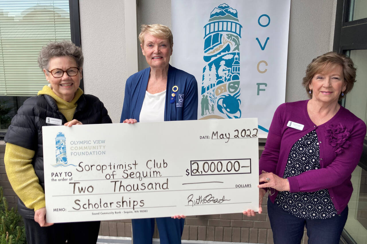 Celebrating the Olympic View Community Foundation’s $2,000 grant to Soroptimist International of Sequim are, from left, foundation trustee Jennifer Puff, Soroptimist International of Sequim president Cat Xander and foundation director Sheila Everett. Submitted photo