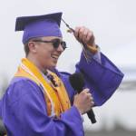 Sequim Gazette photos by Michael Dashiell 
Jack Van De Wege, Sequim High Schools Class of 2022 President, grins as he leads his graduates in turning their tassels at the SHS commencement ceremony on June 10.