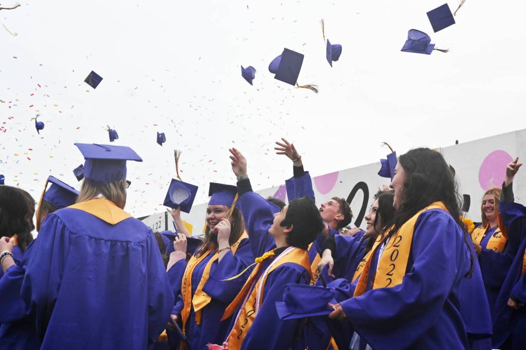 Sequim Gazette photo by Michael Dashiell
Under sprinkling skies, Sequim Highs Class of 2022 celebrates their graduation on June 10. About 175 seniors received their diplomas Friday evening.