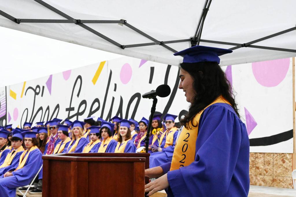 Staff-elected speaker Alisa Bibaj offers her thoughts at Sequim High Schools Class of 2022 graduation.