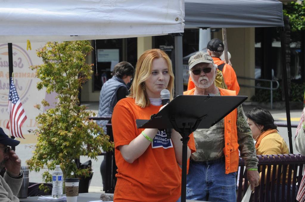 Sequim Gazette photo by Matthew Nash/ Sequim High School junior Ruby Coulson speaks during the Sequim March for Our Lives event about the procedures in place for an active shooter drill and that due to the nations high number of school shootings shes concerned for her and other students safety.