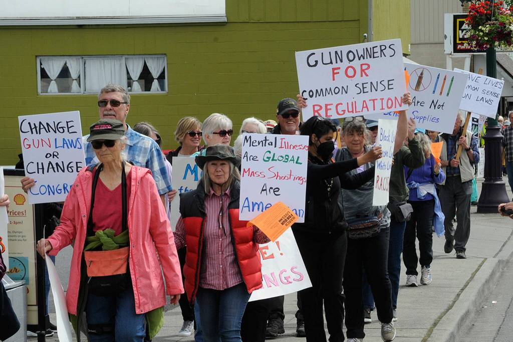 Sequim Gazette photo by Matthew Nash
About 200 people march with the June 11 Sequim March for Our Lives event along Washington Street protesting gun violence and advocating for stricter gun control.