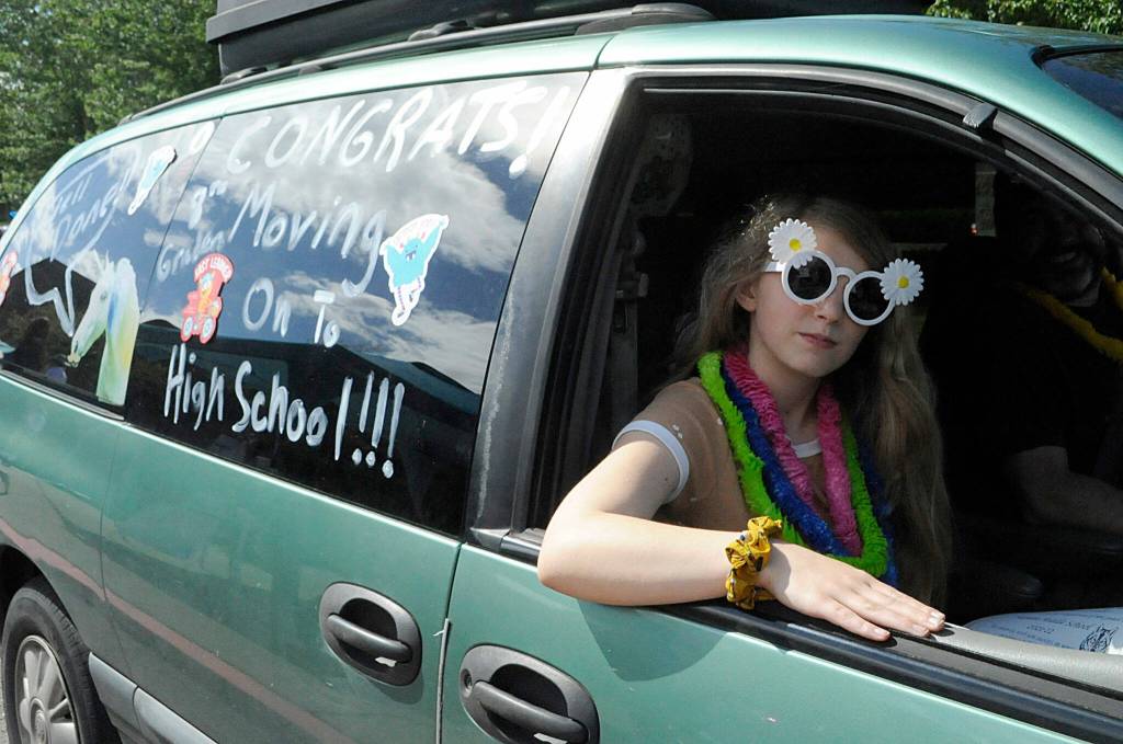 Sequim Gazette photo by Matthew Nash/ Eighth grader Elaina Drennen pulls up in style in a van celebrating her time at Sequim Middle School and moving on to high school.