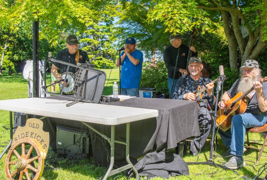 The Old Sidekicks play a lively set of songs for the crowd at the 10th annual Sequim Valley Lions Crab Feed in Pioneer Memorial Park on Saturday. Verne Sprague plays banjo, Steve Sahnow, harmonica, Jack Reagan, bass, Bill Camuso, mandolin and Don Betts, guitar. Sequim Gazette photo by Emily Matthiessen