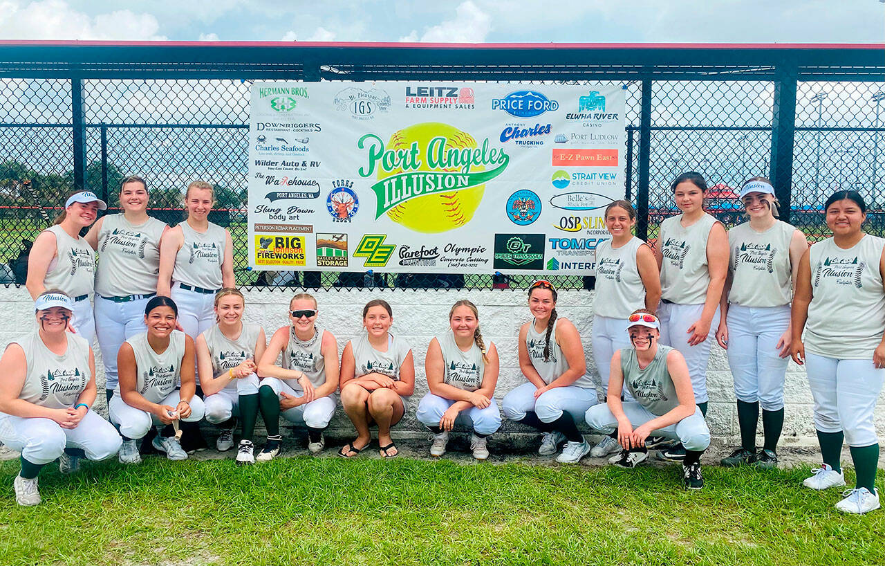 Submitted photo
The Port Angeles Illusion 18U fastpitch softball team went 5-0-1 and won the championship in the High School Open division of the USSSA Space Coast Cup Super Regional Tournament in Melbourne, Fla. in June. Team members are: Macy Aumock, Mackenzie Burke, Gracie Copeland, Michaela Green, Libby Hardee, JoCy Kazlauskas, Cydne Moore, Jadeah Nordberg, Ava-Anne Sheahan, Lizzy Soto, Mikkiah Stevens, Taylee Rome, Alyssa Vandenberg and Cheyenne Zimmer. Coaches not pictured are head coach Warren Stevens and assistants Leeah Faris, Greg Faris, Bucky Johnston and Rick Pennington.