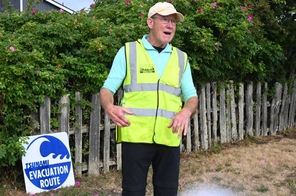 Sequim Gazette photo by Michael Dashiell
Mac Macdonald leads a tsunami evacuation route practice in the 3 Crabs area on July 18.