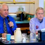 Brian Pruitt, a Republican candidate for state House of Representatives District 24, Position 2, left, speaks during a candidate debate at Joshua’s Restaurant in Port Angeles on Tuesday. Pruitt is challenging incumbent Steve Tharinger, a Democrat who’s held the seat since 2010, seated at right. (Peter Segall/Peninsula Daily News)