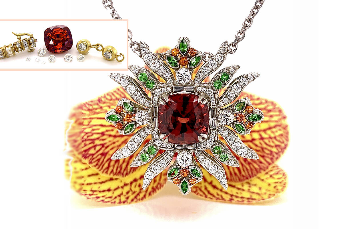 One of Robin Callahans clients brought in some beautiful pieces of old and broken jewelry. The client gave Callahan complete design freedom, and she created this amazing statement pendant.