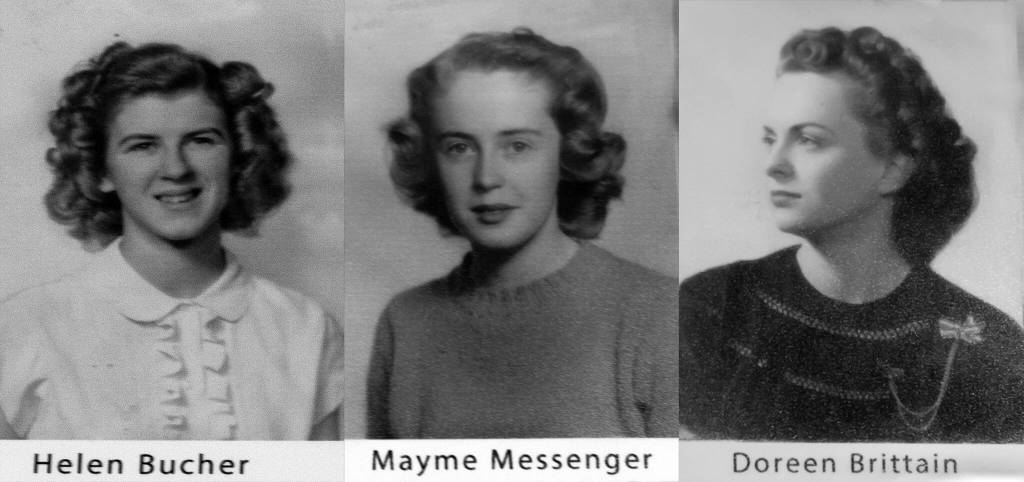 replication of SHS CLass of 1948 school pictures 
From left, Doreen Brittain St. Clair, Helen Bucher and Mayme Messenger Faulk are three of the 48 graduates of Sequim High school from 1948.