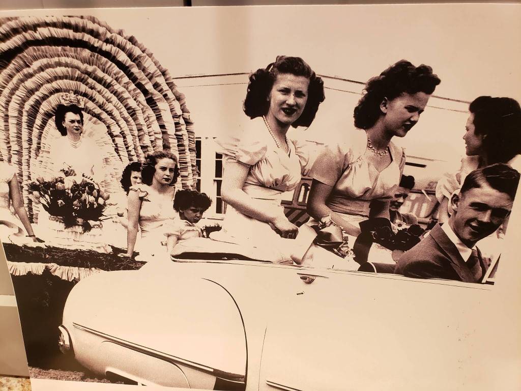 Photo courtesy of Lynda Coventon / Doreen Brittain St. Clair said that she was the first Irrigation Queen to be in an automobile-pulled float, a convertible, in 1948, the year St. Clair and her 48 classmates graduated. There was a Duke then, Stan Cameron. St. Clair said, When I was queen it was simple compared to today… we never traveled to other cities like they do now. That one day we went to town for the parade; that was it.