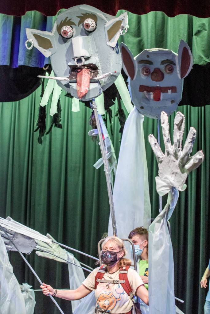 Sequim Gazette photo by Emily Matthiessen
Puppeteers Karlene Minea and Donovan Rynearson practice their troll puppet movements during a rehearsal for Olympic Theatre Arts upcoming play The Hobbit.