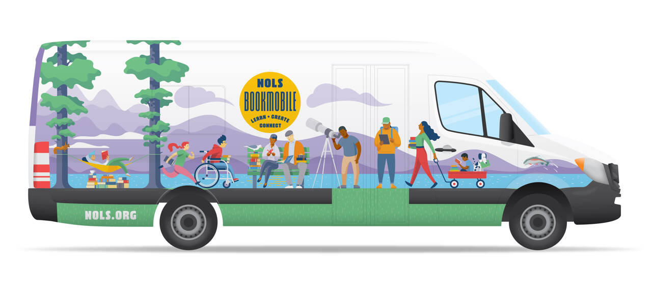 Graphic courtesy of North Olympic Library System
The North Olympic Library Systems new Bookmobile, set to make its debut this fall, features artwork by Matthew Fleming, a Sequim-based illustrator and graphic designer.