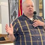 Jim Buck, the 24th Legislative District representative from 1995-2007, lays out what he called the deadly risk that old and seismically unsafe school buildings in Washington pose for children in grades K-12. A state Department of Natural Resources report released last year determined that 93 percent of the schools in a study pose extreme danger for death and entrapment to school children. (Paula Hunt/Peninsula Daily News)