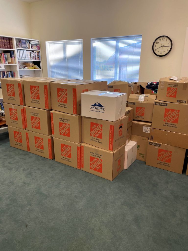 Photo courtesy of Dungeness Valley Lutheran Church
Kits with housewares at Dungeness Valley Lutheran Church on July 26 are set for delivery later in August for Ukrainian refugees now in Washington.