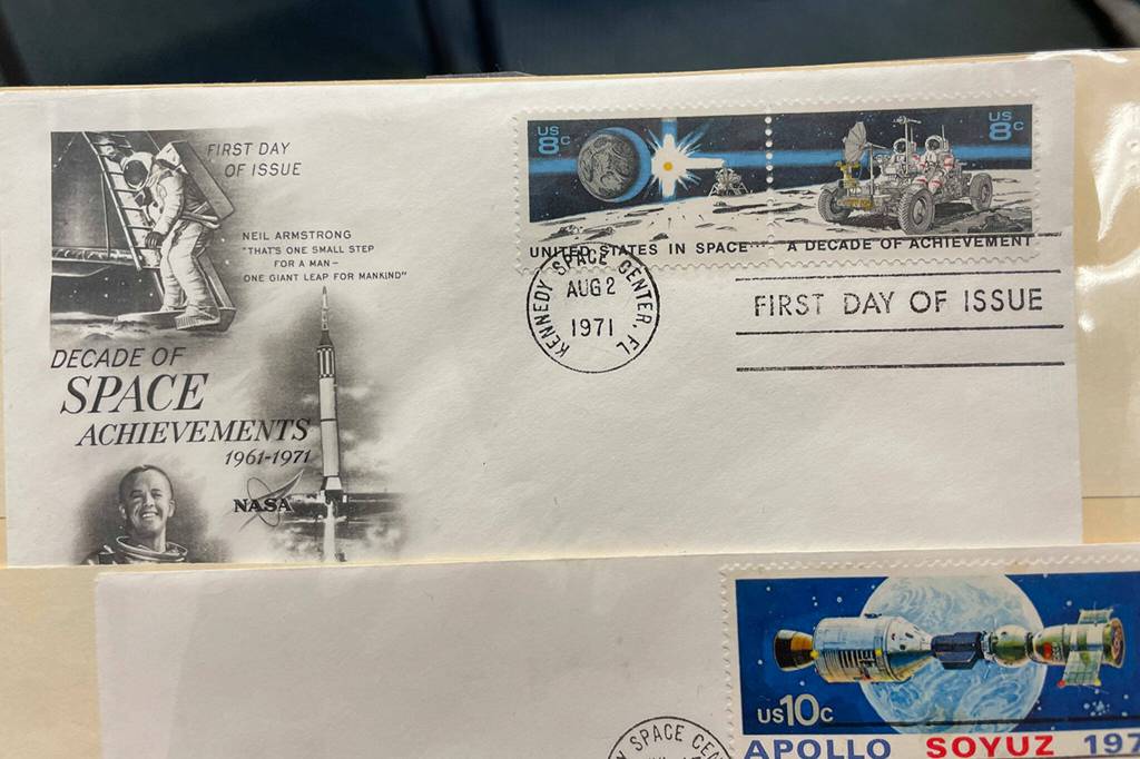 Sequim Gazette photo by Matthew Nash/ Mark Ashley of Sequim obtained this first day of issue cover dated Aug. 2, 1971 from the Kennedy Space Center during a family visit. Its one of his earliest pieces of his collection that now includes stamps from before 1940 in the U.S., Canada, and British America.