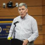 Sequim Gazette photo by Michael Dashiell / Bruce Emery, candidate for Clallam County Director of Community Development speaks at a debate hosted by the Rotary Club of Sequim at the Dungeness River Center on Aug. 5.