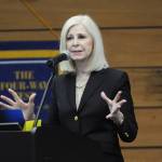 Sequim Gazette photo by Michael Dashiell / Cherie Kidd, candidate for Clallam County Director of Community Development speaks at a debate hosted by the Rotary Club of Sequim at the Dungeness River Center on Aug. 5.