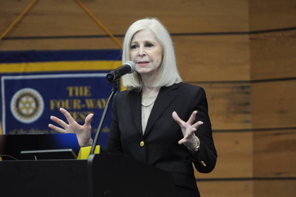 Sequim Gazette photo by Michael Dashiell / Cherie Kidd, candidate for Clallam County Director of Community Development speaks at a debate hosted by the Rotary Club of Sequim at the Dungeness River Center on Aug. 5.