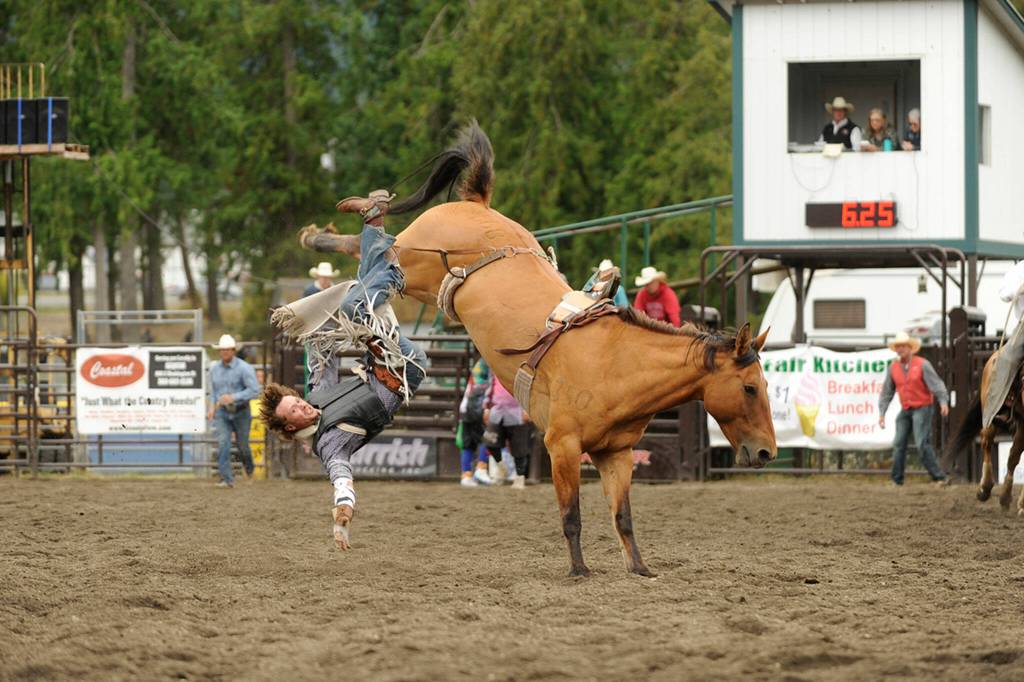Sequim Gazette file Photo by Matthew Nash
Cooper Wicks nearly makes the 8-second mark while bareback riding on Aug. 18 at the Clallam County Fairs Rodeo in 2019.