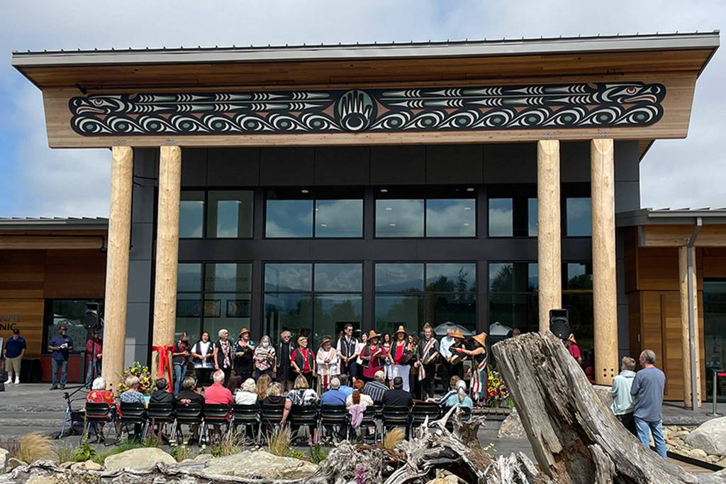 Sequim Gazette photo by Matthew Nash/ For the Jamestown Healing Clinics grand opening on Aug. 20, tribal citizens and descendants performed two songs, The Happy Song and We sing strong used with permission from the Port Gamble SKlallam Tribe and Joseph Price.