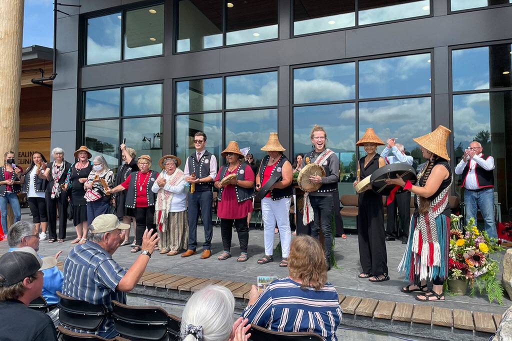 Sequim Gazette photo by Matthew Nash/ For the Jamestown Healing Clinics grand opening on Aug. 20, tribal citizens and descendants performed two songs, The Happy Song and We sing strong used with permission from the Port Gamble SKlallam Tribe and Joseph Price.