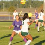 Sequim Gazette file photo by Michael Dashiell / Sequims Jennyfer Gomez (10) looks to trap the ball as Port Angeles Hannah Reetz looks on in an Olympic League match-up in September 2021.