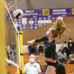 Sequim Gazette file photo by Michael Dashiell / Sequims Jolene Vaara looks to hit past a block in the Wolves September 2021 match-up with Bainbridge.