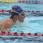 Sequim Gazette file photoS by Michael Dashiell
Sequims Melia Nelson competes in the breaststroke portion of the 200 individual medley as the Wolves take on Kingston and North Kitsap in September 2021.
