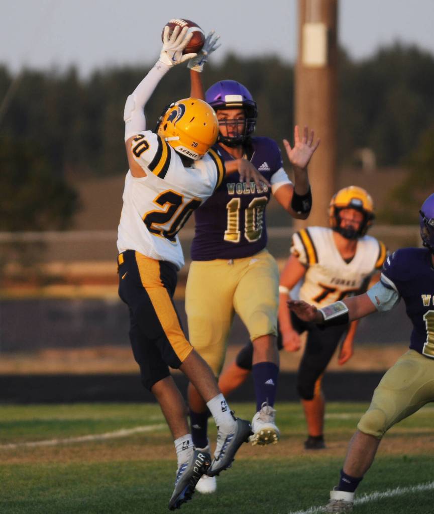 Forks DeAnthony Davila nearly picks off a Lars Wiker pass in the first half of the Spartans win at Sequim on Sept. 2.