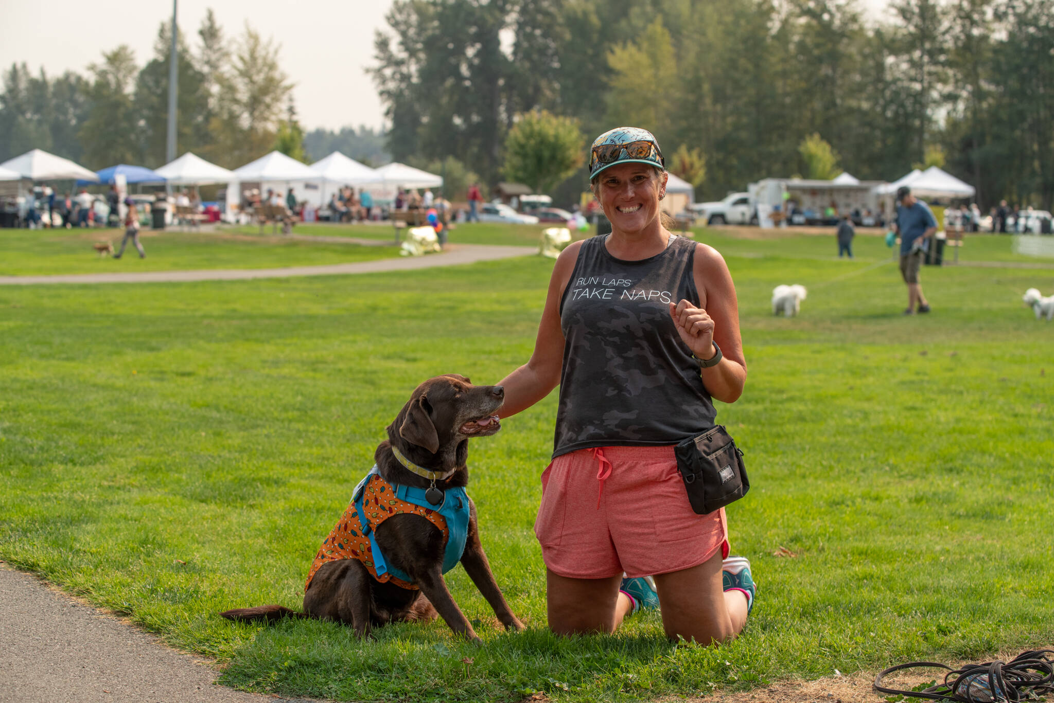 Sequim Gazette photo by Emily Matthiessen / 12-year-old pooch Marlee and Becca Yucha participated in the Sequim Dog Park fundraiser The Walk and Woof 1K/5K last Saturday during KSQMs annual Pet Lovers Day on Sept. 10. We did a lot of waggin and some walkin but not a lot of woofing, Yucha said. According to Marcy Engelstein, chair of the Sequim Dog Park Pals a nonprofit organization, this year marks the 15th anniversary of the dog park and the first time theyve done this type of big-fundraiser instead of a raffle. She said that they are raising money for benches and shelters. For information about donating to the park, visit sequimdogparks.org.
