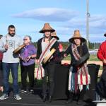 Sequim Gazette photo by Michael Dashiell / The SKlallam Singers offer Happy song at the Sequim School Districts stadium and field naming ceremony on Sept. 16. The stadium was official named stáʔčəŋ, a SKlallam word pronounced stah-chung and meaning wolf, and the field to Myron Teteruds Field, after the longtime, late SHS sports fanatic.