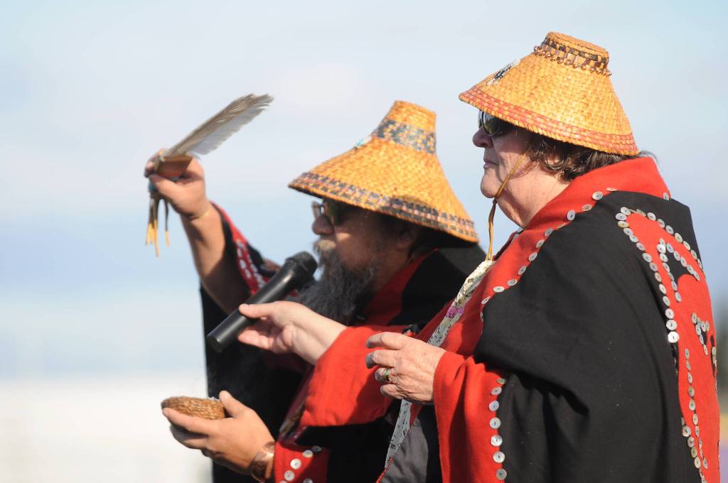 Sequim Gazette photo by Michael Dashiell / Pat and Patsy Adams, tribal elders with the Jamestown SKlallam Tribe, offer a blessing of the Sequim School Districts stadium and field on Sept. 26.