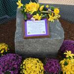 Sequim Gazette photo by Michael Dashiell
A large rock and plaque just outside the gates of the newly named Sequim School District stadium and field recognizes Sequim High superfan Myron Teterud.