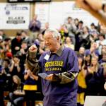 Sequim Gazette file photo by Michael Dashiell / Myron Teterud, a longtime Sequim schools and community supporter, gives the crowd a salute after being honored as Fan of the Century at Sequim High Schools centennial celebration in January 2011.
