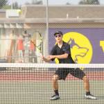 Sequim Gazette photo by Michael Dashiell / Sequims William Hughes looks to return a shot as he and doubles partner and Espn Judd take on North Kitsaps Mason Chmielewski and Ethan Gillespie on Sept. 13. Sequim was scheduled to play Kingston on Sept. 19  results were not available at press time. The Wolves are at Olympic on Sept. 21 and host Port Angeles on Sept. 22.