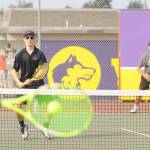 Michael Dashiell/Sequim Gazette
Sequims William Hughes, left, and Espn Judd take on North Kitsaps Mason Chmielewski and Ethan Gillespie in No. 1 doubles play on Sept. 13. Sequim was scheduled to play Kingston on Sept. 19  results were not available at press time. The Wolves are at Olympic on Sept. 21 and host Port Angeles on Sept. 22.