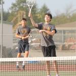 Sequim Gazette photo by Michael Dashiell / Sequims Isaac McKeen and Aason Judd take on North Kitsaps Justin Gallant and Spencer Gillespie on Sept. 13 in No. 2 doubles play. The Wolves are at Olympic on Sept. 21 and host Port Angeles on Sept. 22.
