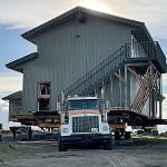 Sequim Gazette photos by Matthew Nash
At two-stories and 3,300 square feet, this Dungeness home was originally built about 100 feet from a Dungeness hill side before about 60 feet of hillside was lost over 30 years. Crews moved it about 100 feet on Sept. 16.
