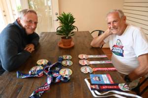 Sequim Gazette photo by Michael Dashiell / Phil Milliman, left, and his father Chuck display some of the many medals they earned at the 2022 National Senior Games.