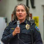 Sequim Gazette photo by Emily Matthiessen / Sequim Police chief Sheri Crain speaks to families and educators on Sept. 14 in Sequim High School Library about school safety measures and investigative measures so far related to threatening messages found on two Sequim schools.