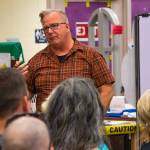 Sequim Gazette photo by Emily Matthiessen / Det. Sgt. Darrell Nelson speaks to attendees of a joint safety forum hosted by Sequim Police Department and Sequim School District on Sept. 14 in the Sequim High School Library. Law enforcement said they initially treated graffiti found on Sept. 4 as a high level threat but now believe it to be a low level threat and more vandalism than a threat likely from students.