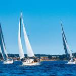 Photo by Fran Reisner Thompson / From left, Denali (skippered by Bob BacCauley), Pinafore (skippered by Bernie Armstrong) and Sirius (skippered by Durkee Richards) compete in the Reach and Row for Hospice on Sequim Bay on Sept. 18.