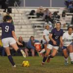 Michael Dashiell/Sequim Gazette
Sequims Libby Turella, left looks for an open teammate as SHSs Kaia Lestage vies for position in the first half of the Wolves 6-1 win over Olympic on Sept. 20.