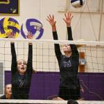Sequim Gazette photo by Michael Dashiell / Sequims Sydney Clark, left, and Kendall Hastings vie for a block in the Wolves league match-up against Olympic on Sept. 20.