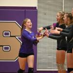 Sequim Gazette photo by Michael Dashiell / Senior libero Mia Coudriet and SHS volleyball teammates are introduced prior to a Sept. 20 league match-up against Olympic on Sept. 20.