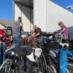 Matthew Nash/Sequim Gazette
More than 500 wheelchairs, walkers, canes, crutches and walking sticks were loaded onto a tractor-trailer by Dungeness Community Church volunteers on Sept. 20 at All-Safe Mini Storage. Organizers have worked nearly two years to gather and ship the supplies to Guatemala.