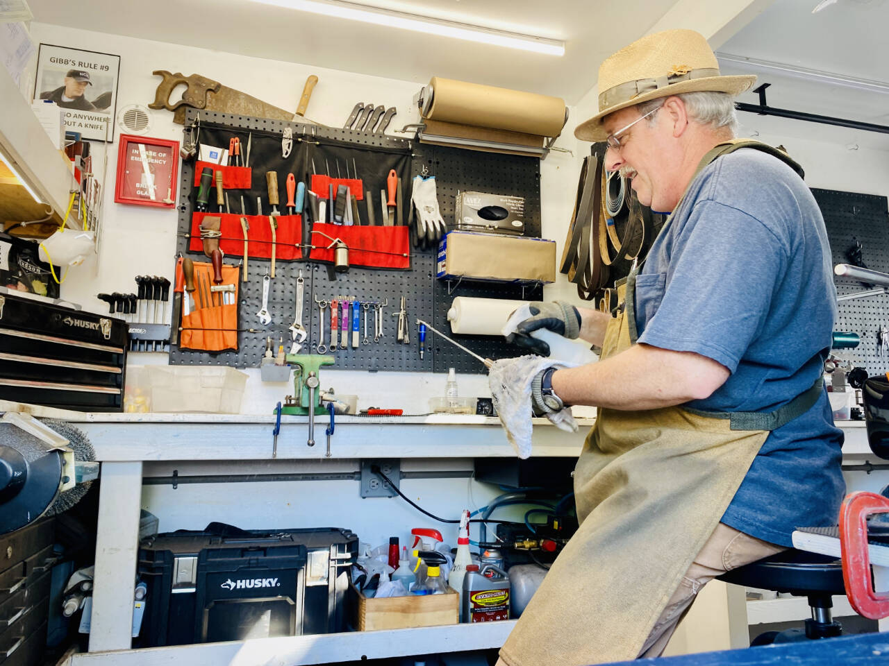 Photo by Emma Jane Garcia/Sequim Farmers & Artisans Market
Dennis Westendorf offers services at the A Razor Edge Sharpening booth at the Sequim Farmers & Artisans Market.