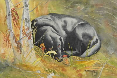 Submitted art / Done For The Day by Jolene Sanborn, a featured artist in Welfare For Animals Guilds Bow Wow! exhibit at the Blue Whole Gallery in October.