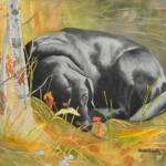 Submitted art / Done For The Day by Jolene Sanborn, a featured artist in Welfare For Animals Guilds Bow Wow! exhibit at the Blue Whole Gallery in October.